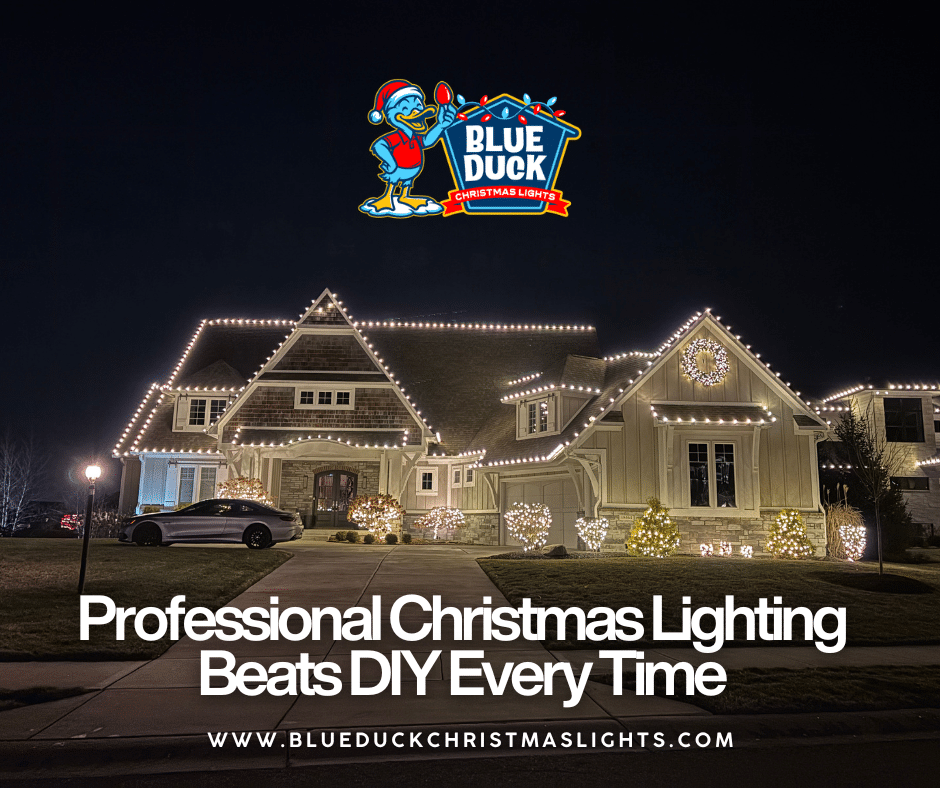 Blue Duck Christmas Lights delivers flawless professional Christmas lighting with perfectly aligned rooflines and thoughtfully wrapped trees for this beautiful home in Indianapolis.