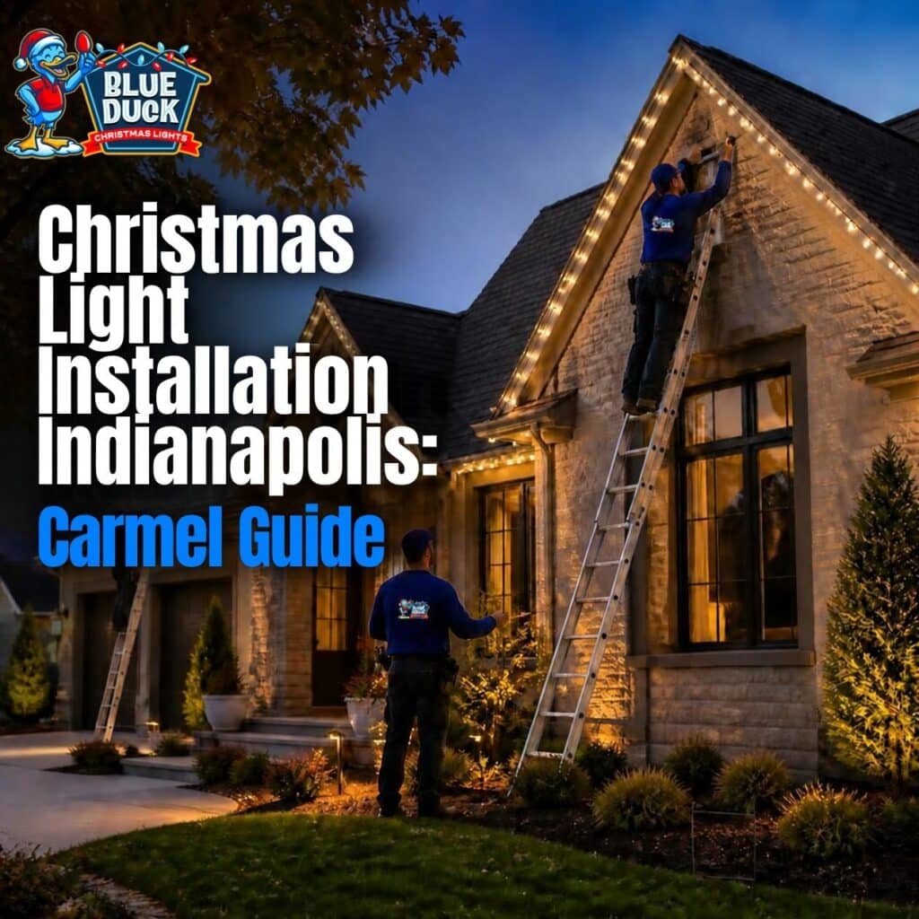 Professional Christmas light installation on a Carmel, Indiana home with festive roofline lighting for the holiday season.