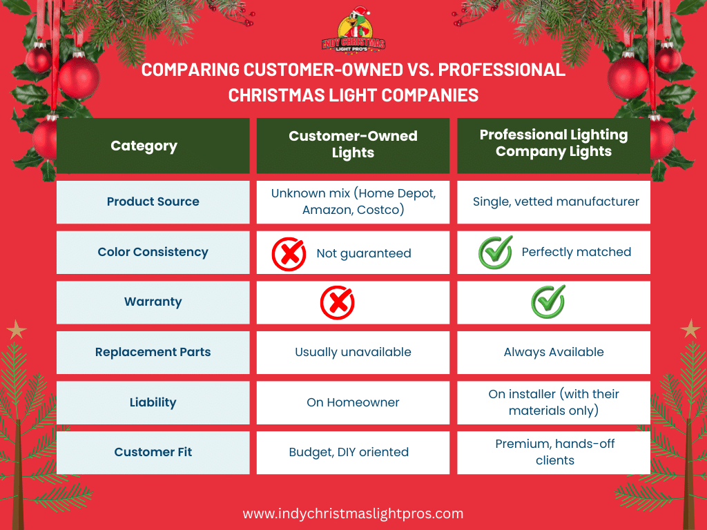Comparison chart showing differences between customer-owned lights and professional Christmas light company lights, created by Indy Christmas Light Pros.