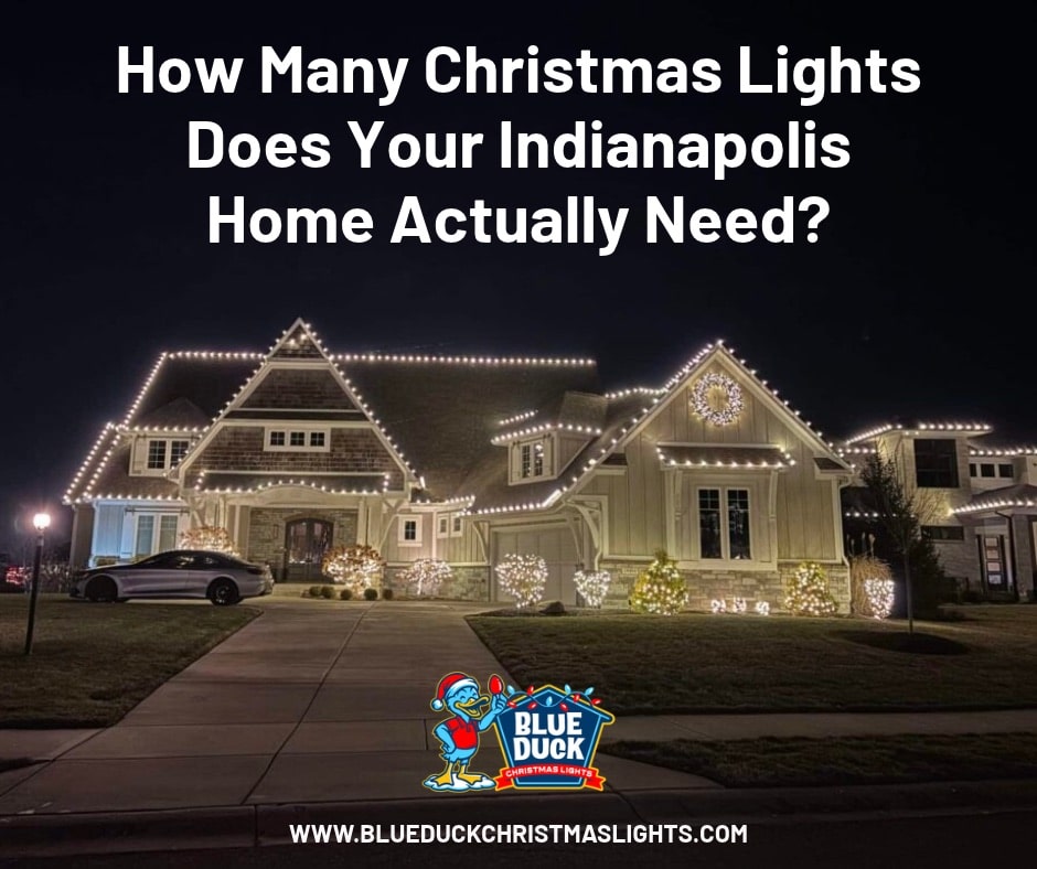Christmas lights Indianapolis home featuring professionally installed C9 roofline lights and illuminated trees for a festive holiday display.