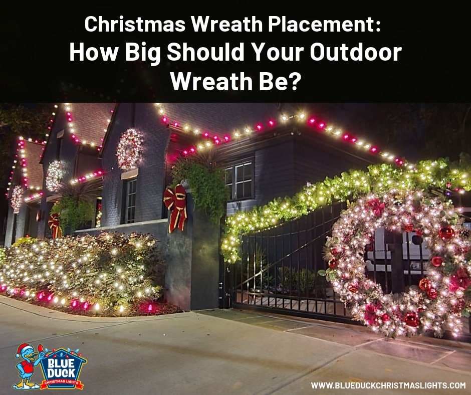 Outdoor Christmas wreath installation on a Fishers, Indiana home featuring a large illuminated wreath and professional roofline Christmas lights.