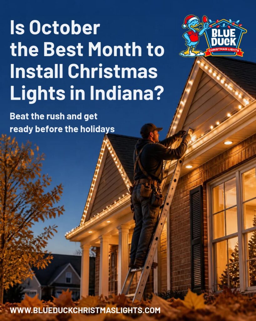 Professional Christmas light installation in Indiana featuring illuminated rooflines and trees on a Central Indiana home during the holiday season.
