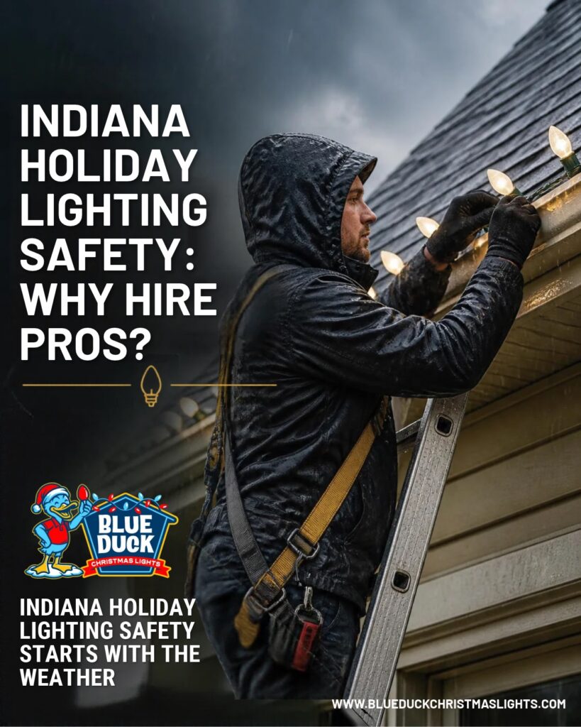 Professional Christmas light installation on a Central Indiana home featuring illuminated rooflines and trees during winter weather.