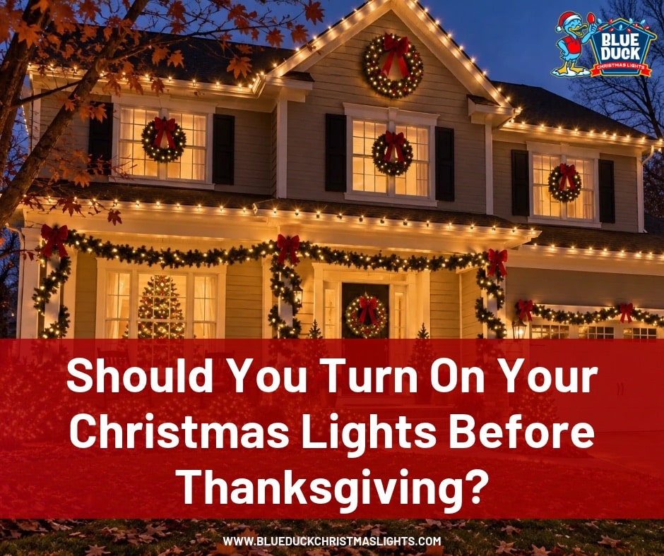 Christmas lights before Thanksgiving illuminating a Central Indiana home with warm white roofline lights and festive outdoor decorations.