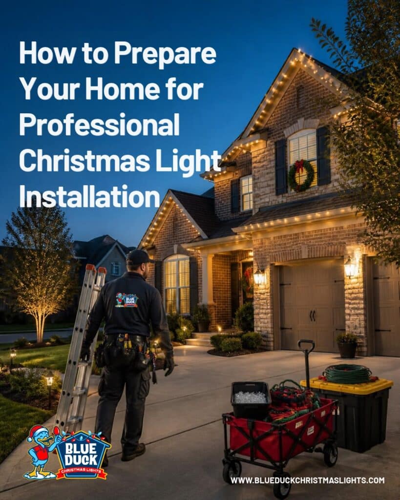 Indianapolis homeowner preparing for Christmas light installation with a clear driveway and professionally decorated roofline.