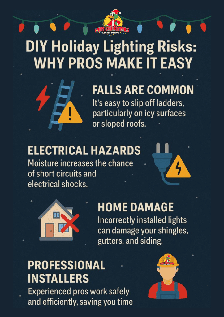 DIY holiday lighting can lead to falls, electrical issues, and property damage. This infographic by Indy Christmas Light Pros explains the risks and why professional installers keep your home safe and stress-free.