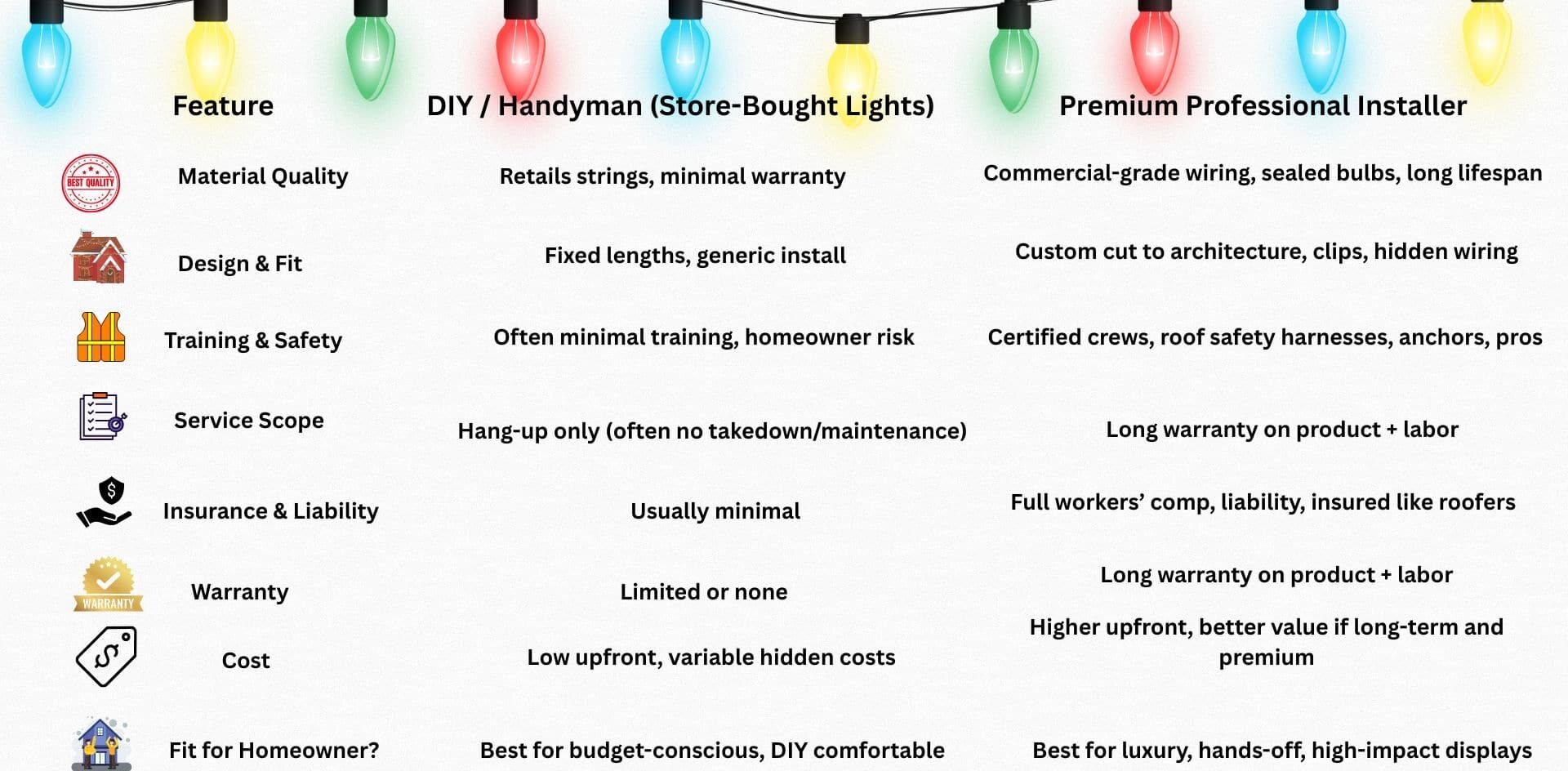 Comparison chart by Blue Duck Christmas Lights showing the differences between DIY or handyman Christmas light installation and premium professional Christmas light installation, highlighting quality, safety, warranty, cost, and homeowner fit