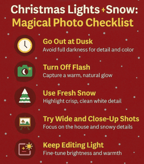 Christmas Lights plus Snow: Magical Photo Checklist by Blue Duck Christmas Lights.