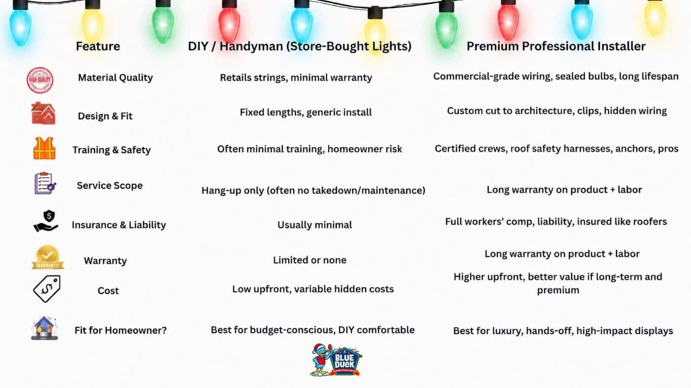 Comparison chart by Blue Duck Christmas Lights showing the differences between DIY or handyman Christmas light installation and premium professional Christmas light installation, highlighting quality, safety, warranty, cost, and homeowner fit. Comparison chart by Blue Duck Christmas Lights showing the differences between DIY or handyman Christmas light installation and premium professional Christmas light installation, highlighting quality, safety, warranty, cost, and homeowner fit.