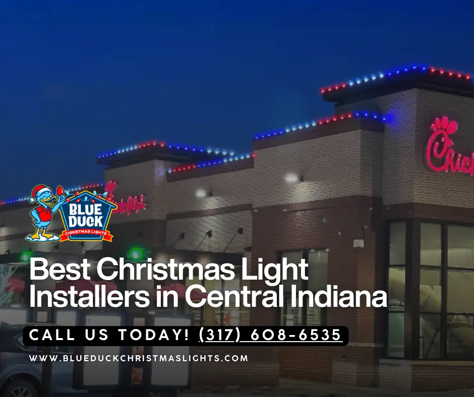 This Blue Duck Christmas Lights installation for an Indianapolis home showcases professional exterior lighting, tree & shrub lighting, and Christmas wreaths installed with fire-safe commercial materials so that you won't have to wonder are Christmas lights a fire hazard.