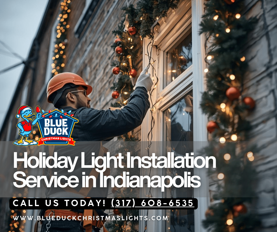 A Blue Duck Christmas Lights professional using specialized equipment to install holiday lights, showcasing the expertise that holiday light installers bring to every Indianapolis home.
