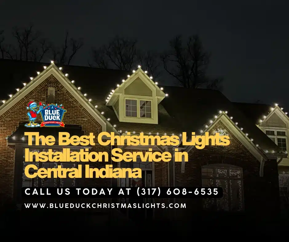 This beautifully decorated Indianapolis home showcases why Blue Duck Christmas Lights is the best Christmas lights installer in Central Indiana, with roofline illumination, wrapped trees, and custom wreaths.
