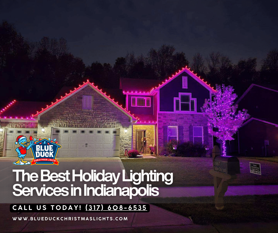 Professional holiday lighting services by Blue Duck Christmas Lights create this breathtaking display, with perfectly placed lights highlighting every architectural feature of this home in Indianapolis.