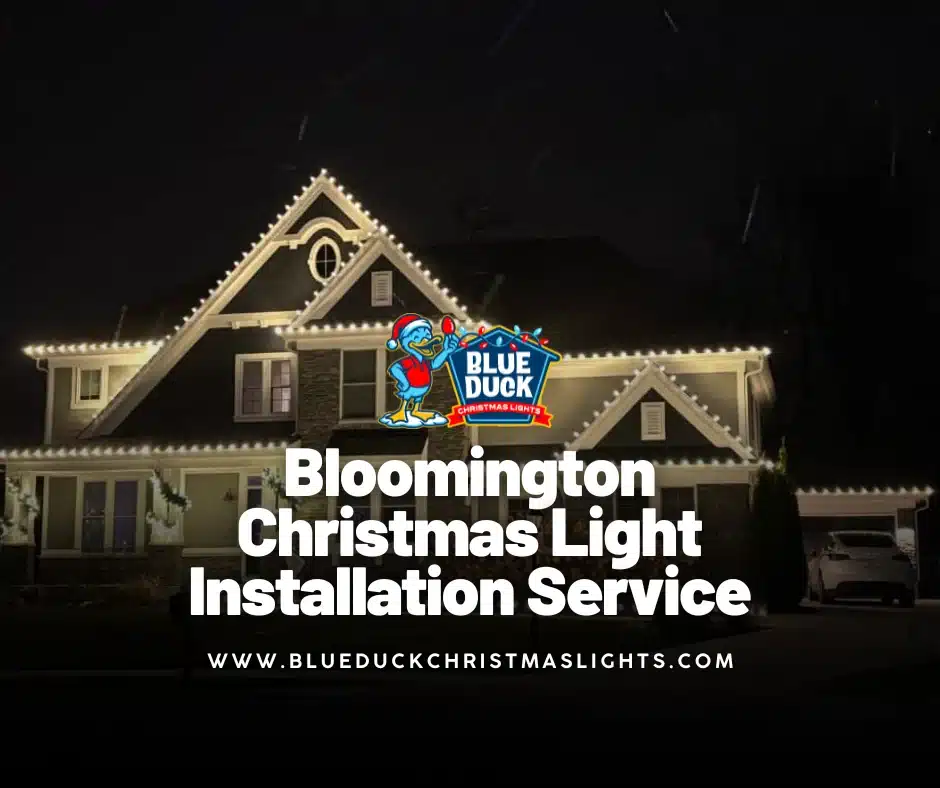 This Bloomington home shines because of Blue Duck's Bloomington Christmas light installation team, showcasing roofline illumination, wrapped trees, and custom holiday displays.