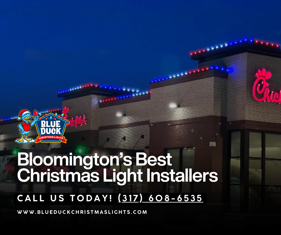This beautifully lit Bloomington retail store showcases why early booking with Bloomington Christmas light specialists guarantees your preferred installation date and stunning results.