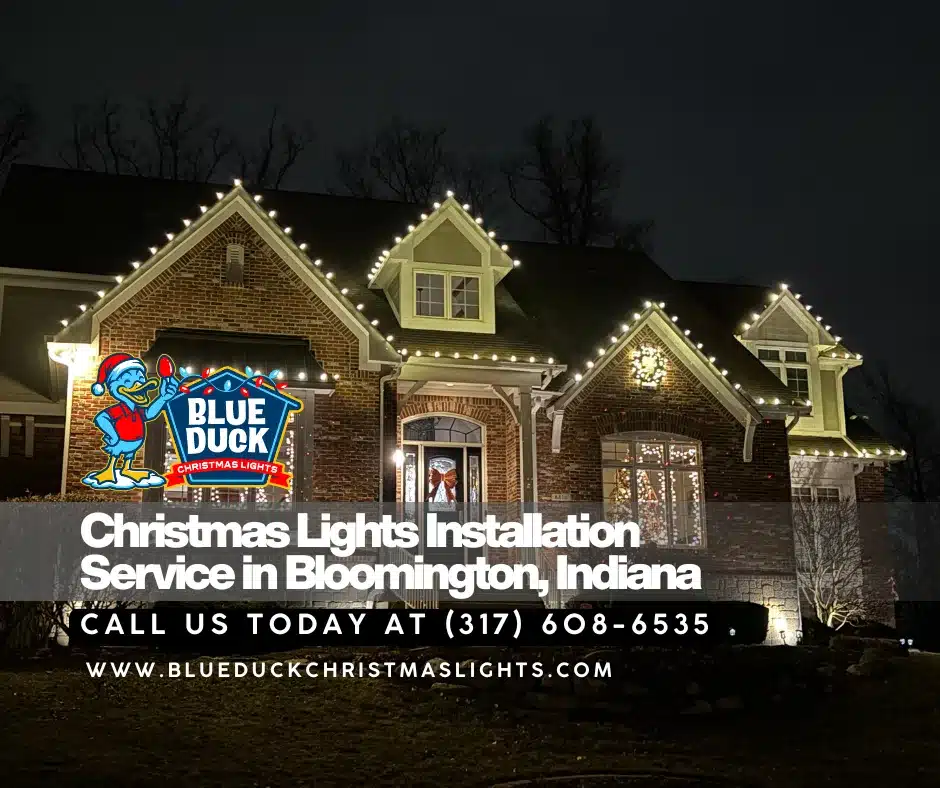 This beautifully lit Bloomington home showcases professional Bloomington Christmas lights, featuring roofline illumination, wrapped trees, and permanent color-changing technology.