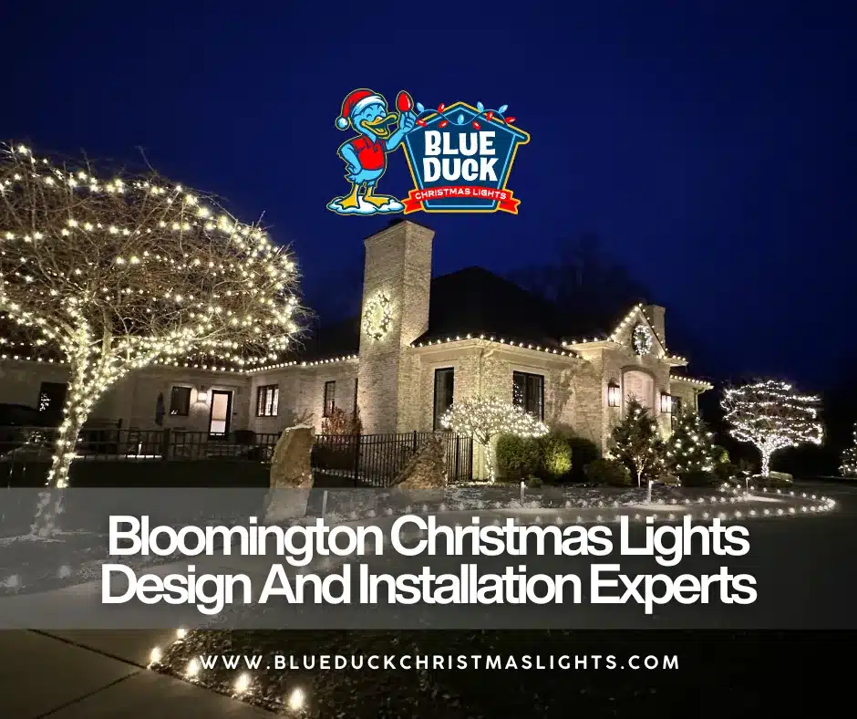 Bloomington Christmas lights experts from Blue Duck transform this home with exterior lighting, tree & shrub lighting, and Christmas wreaths for a complete holiday display.