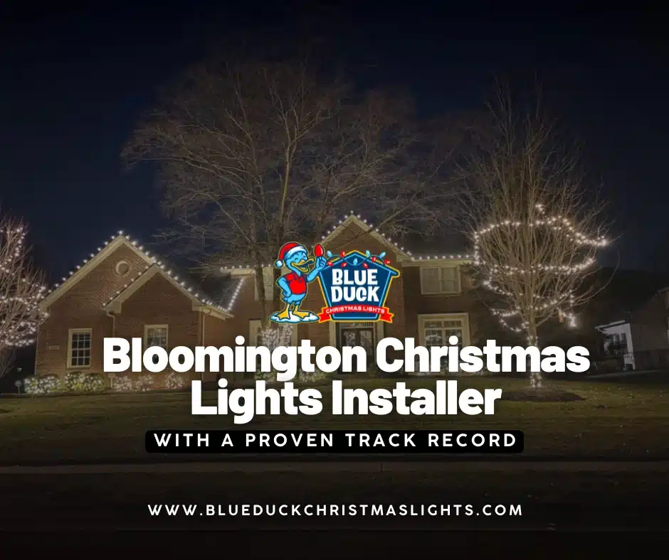 This beautifully lit home in Bloomington, Indiana showcases the work of a trusted Bloomington Christmas lights installer, featuring roofline illumination, wrapped trees, and custom wreaths.