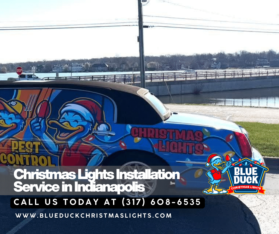 The iconic Blue Duck limousine parked with bold branding, promoting professional holiday lighting services from Blue Duck Christmas Lights across Indianapolis and surrounding communities.