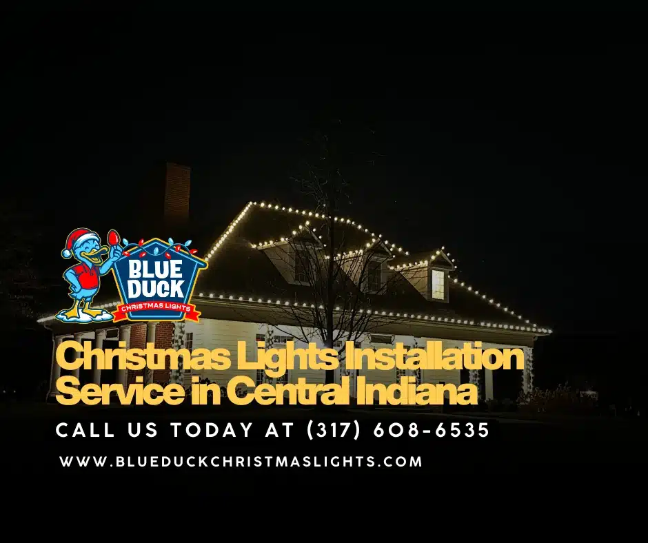 This stunning Indianapolis home showcases why a Christmas light hanging service is essential, with roofline illumination, wrapped trees, and custom wreaths from Blue Duck Christmas Lights.