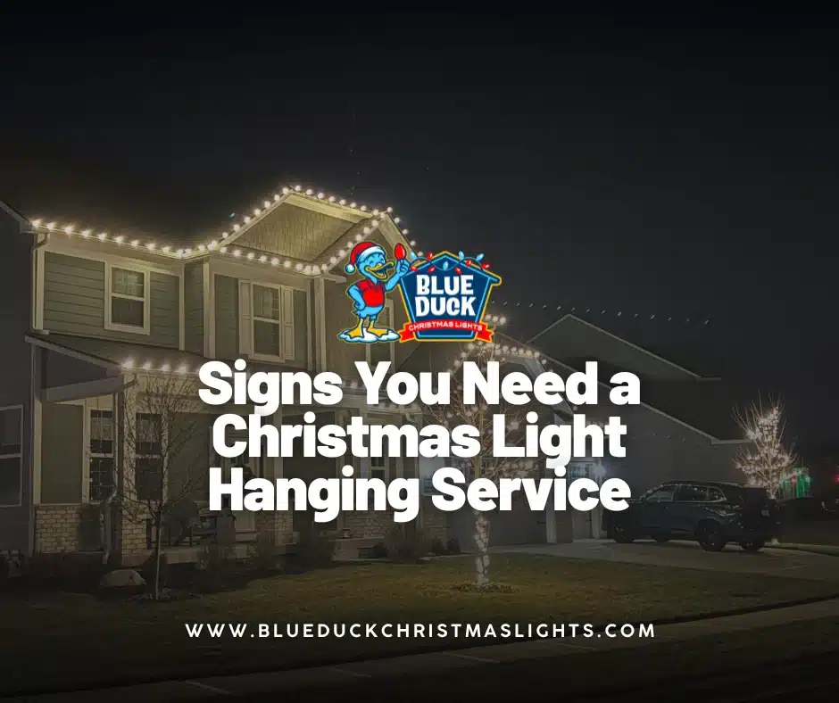 A beautifully decorated Indianapolis home with professional Christmas light hanging service from Blue Duck Christmas Lights, featuring exterior lighting, tree & shrub lighting, and Christmas wreaths.