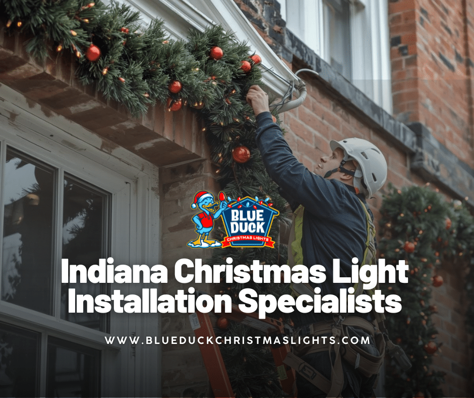 A Blue Duck Christmas light installation specialist carefully secures strands on an Indianapolis residential roofline, turning ordinary homes into magical holiday displays.