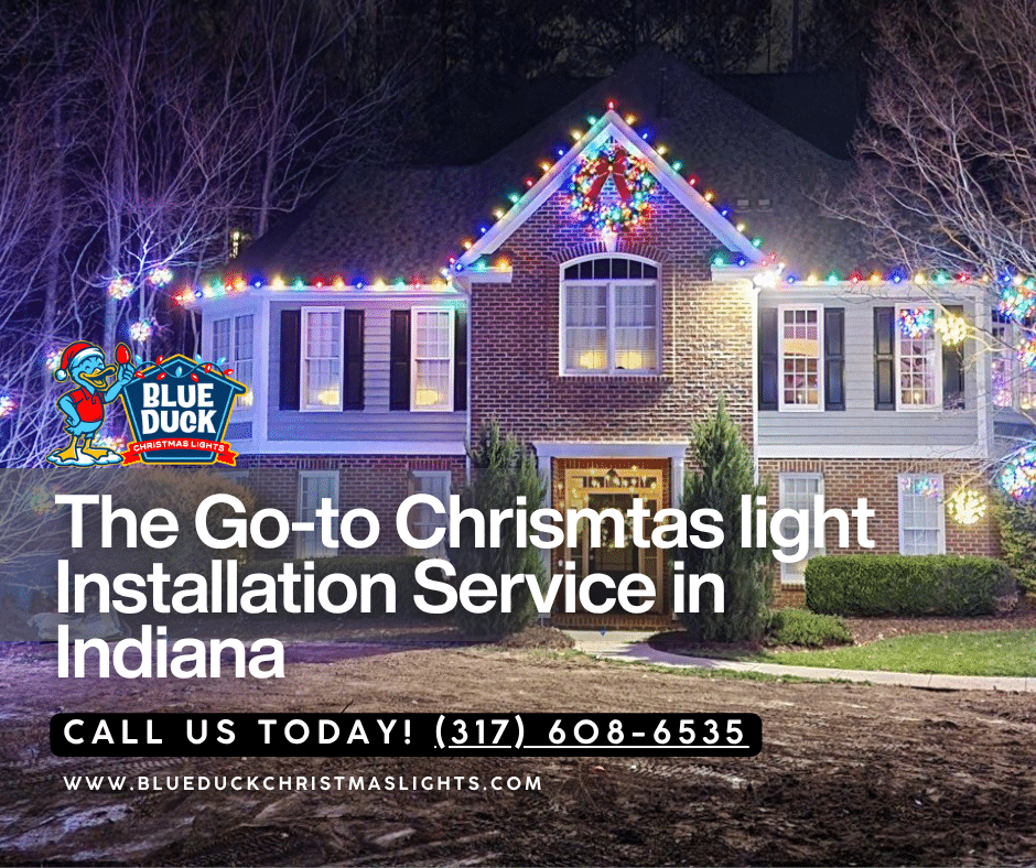 Christmas light installation specialists from Blue Duck Christmas Lights transformed this Indianapolis home with exterior lighting, tree & shrub lighting, and Christmas wreaths for a complete magical display.