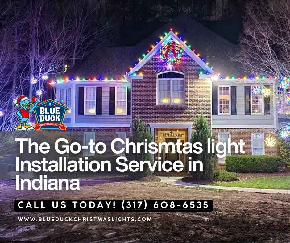 Christmas light installation specialists from Blue Duck Christmas Lights transformed this Indianapolis home with exterior lighting, tree & shrub lighting, and Christmas wreaths for a complete magical display.