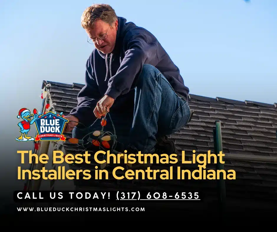 The Blue Duck Christmas Light installation team secures roofline lighting on an Indianapolis home, showcasing professional Christmas light installation with damage-free attachment methods and commercial-grade quality.
