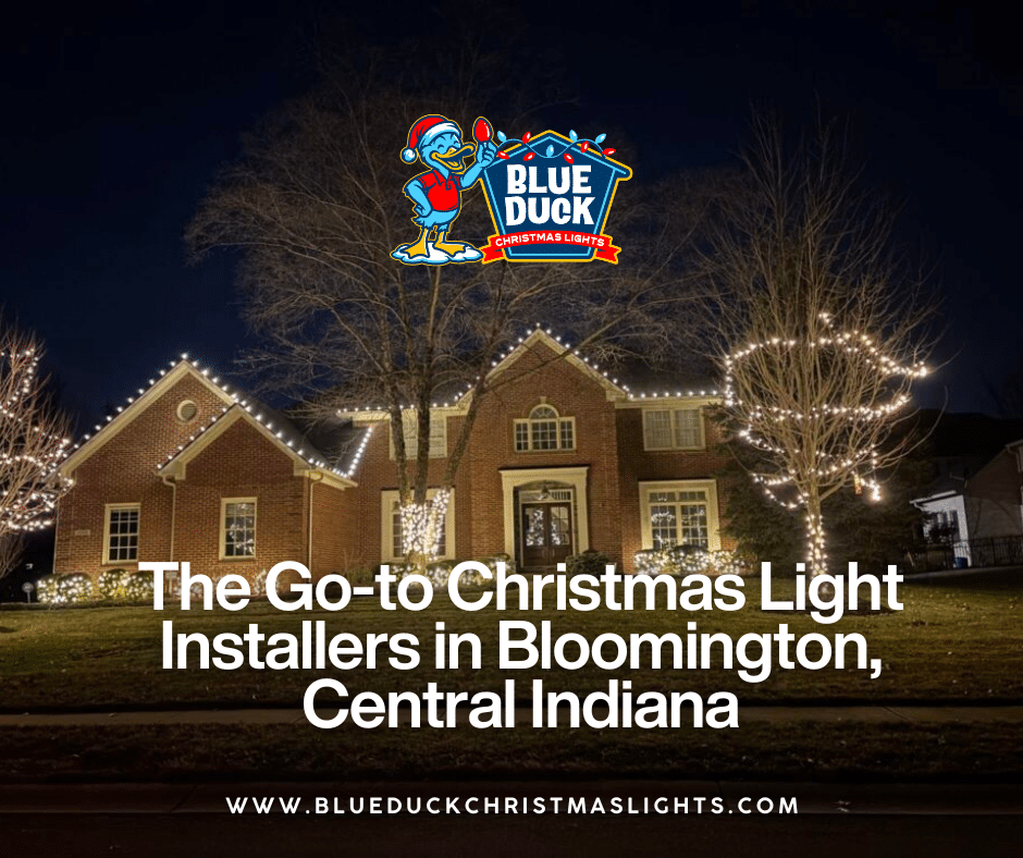 This beautifully lit Bloomington home in Central Indiana showcases what professional Christmas light installers Bloomington residents trust can do, featuring warm roofline illumination and wrapped trees.