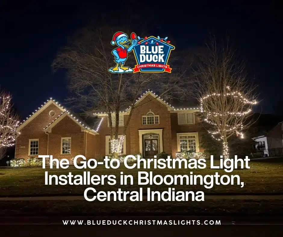 This beautifully lit Bloomington home in Central Indiana showcases what professional Christmas light installers Bloomington residents trust can do, featuring warm roofline illumination and wrapped trees.