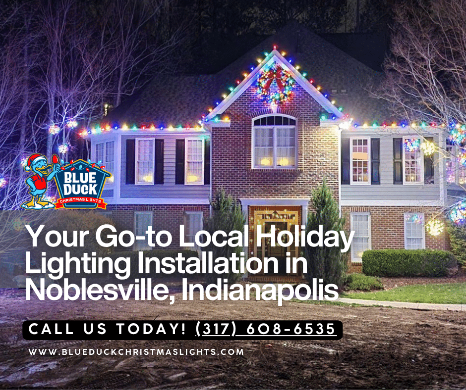 As leading Christmas light installers Noblesville has to offer, Blue Duck Christmas Lights created this layered display of a home in Noblesville, Central Indiana with exterior lighting, tree & shrub lighting, and permanent lighting options.