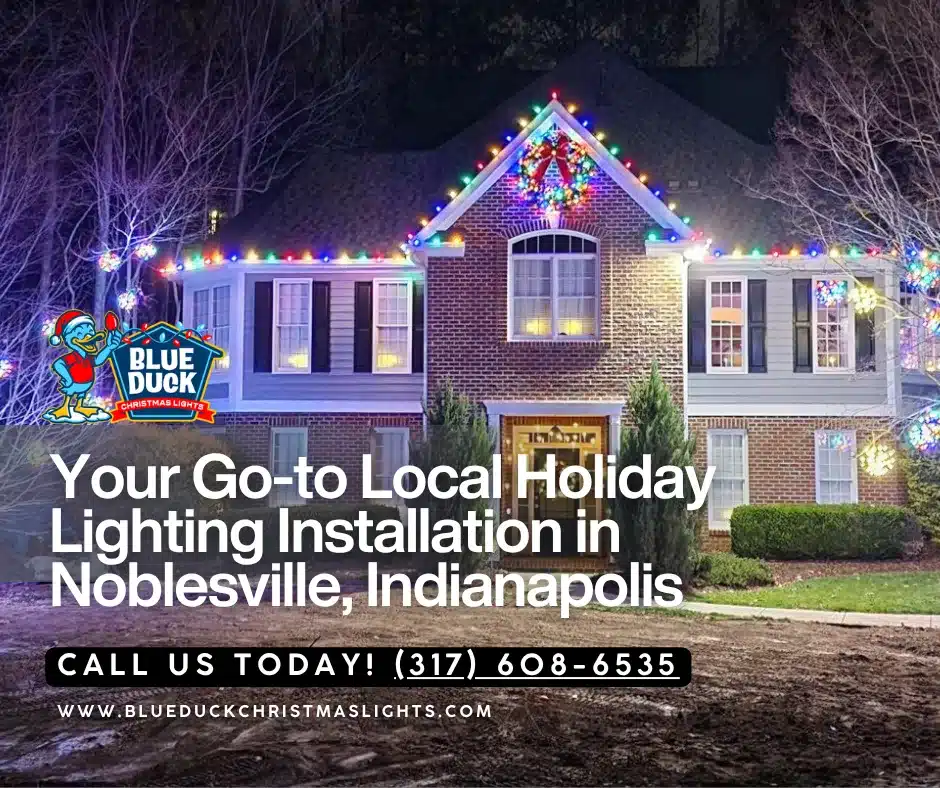 As leading Christmas light installers Noblesville has to offer, Blue Duck Christmas Lights created this layered display of a home in Noblesville, Central Indiana with exterior lighting, tree & shrub lighting, and permanent lighting options.