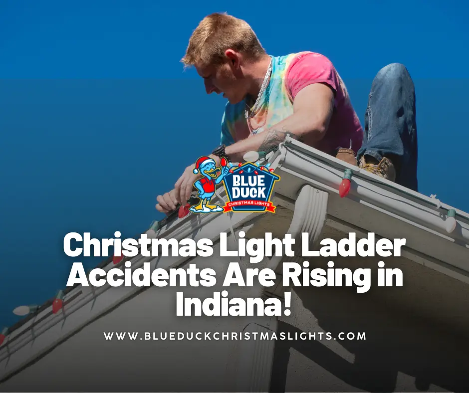 A Blue Duck Christmas Lights crew works safely on a roof, proving that professional installation prevents Christmas light ladder accidents and keeps homeowners safe.