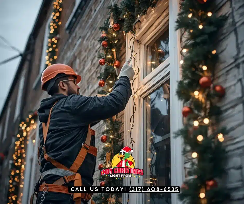 Professional Indy Christmas Light Pros technician doing a Christmas light removal service from a home's roofline in Carmel, Indiana after the holiday season.