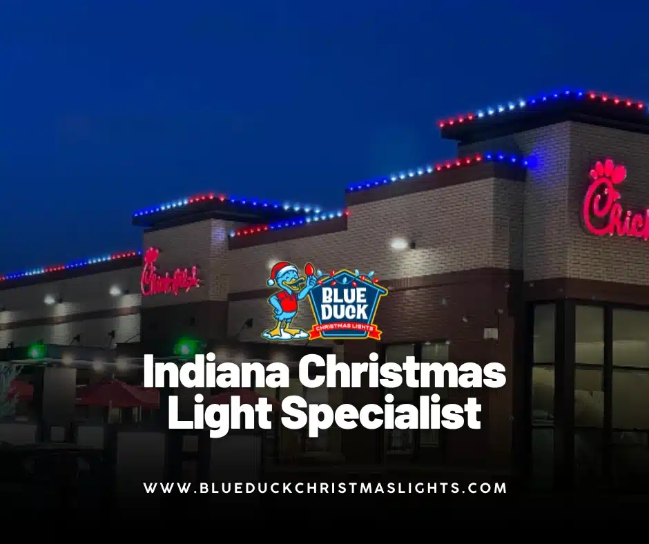 This Indianapolis retail storefront showcases the work of a Christmas light specialist from Blue Duck Christmas Lights creating maximum visibility for the business.