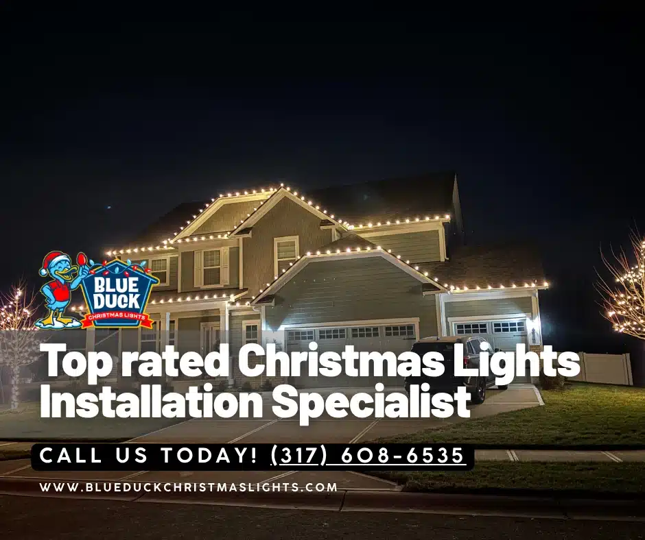 A Christmas light specialist from Blue Duck transformed this Bloomington home in Central Indiana with exterior lighting, tree & shrub lighting, and Christmas wreaths for a complete holiday display.