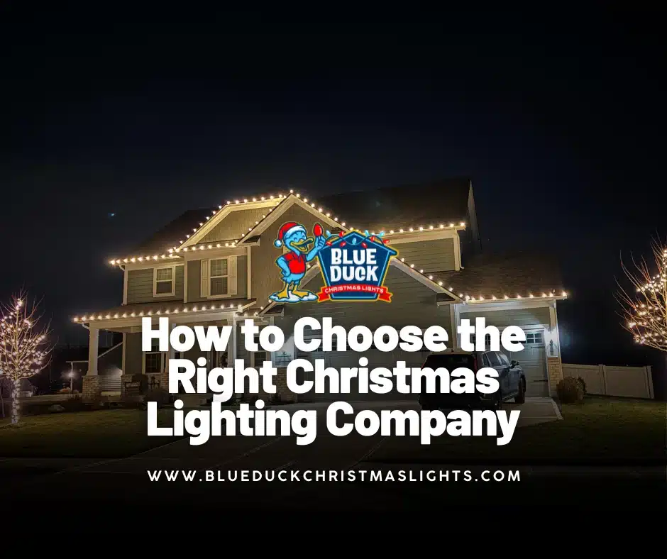 A professionally decorated Indianapolis home showcasing a Christmas lighting service from Blue Duck, with exterior lighting, tree & shrub lighting, and Christmas wreaths.