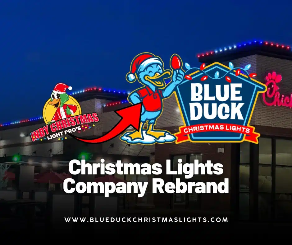Logo transition visual for a Christmas lights company rebrand. Indy Christmas Light Pros becomes Blue Duck Christmas Lights. Nothing changed except the name on the truck and the website.