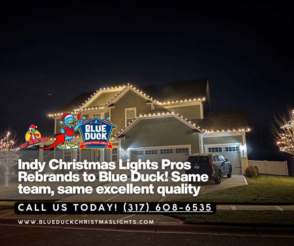 Before and after logos from an Indianapolis Christmas lights company rebrand. Indy Christmas Light Pros is now Blue Duck Christmas Lights. Same service, fresh name.