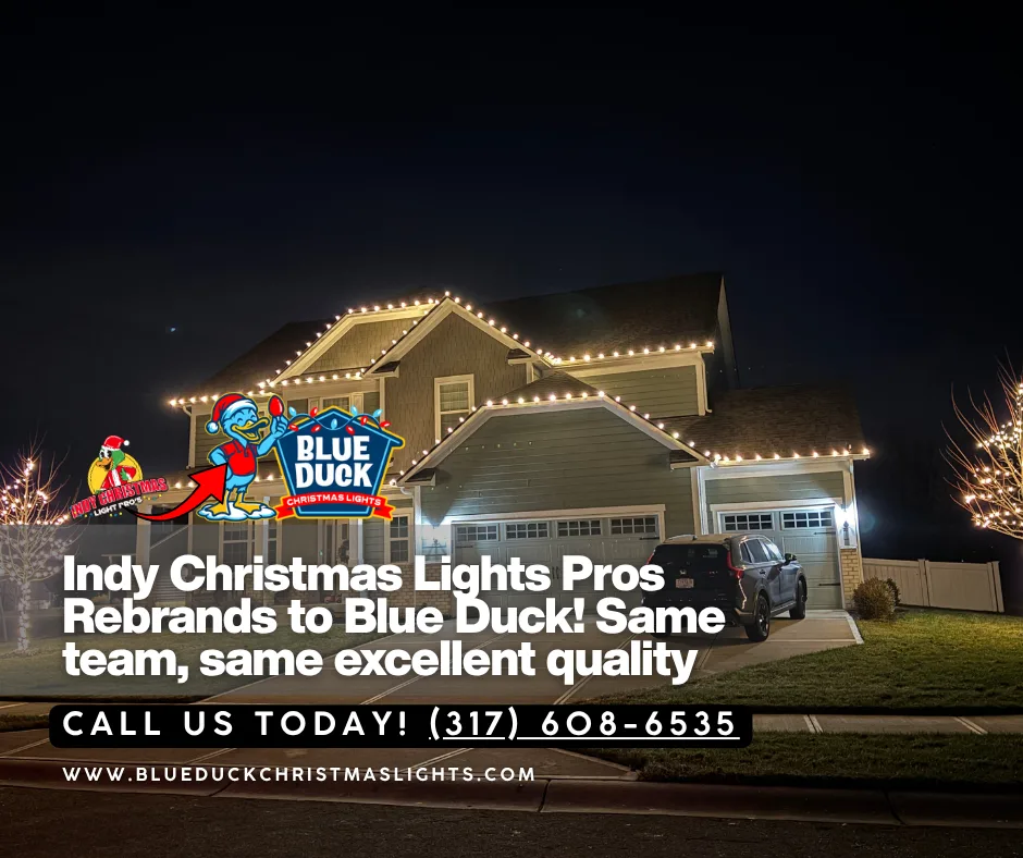 Before and after logos from an Indianapolis Christmas lights company rebrand. Indy Christmas Light Pros is now Blue Duck Christmas Lights. Same service, fresh name.