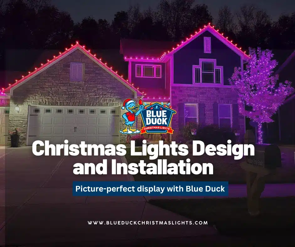This stunning Indianapolis home showcases Christmas lights design and installation with balanced roofline illumination, wrapped trees, and custom wreaths from Blue Duck Christmas Lights.