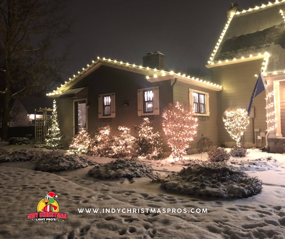 Beautiful Christmas lights in Carmel Indiana home with custom professional installation by Indy Christmas Lights Pros.