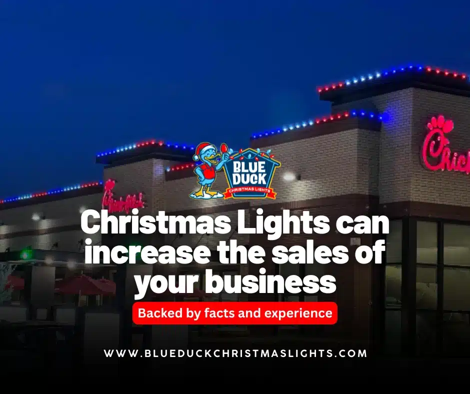 This beautifully lit Indianapolis retail store showcases professional lighting installation from Blue Duck Christmas Lights, affirming Christmas lights increase sales by boosting foot traffic and attracting more customers.