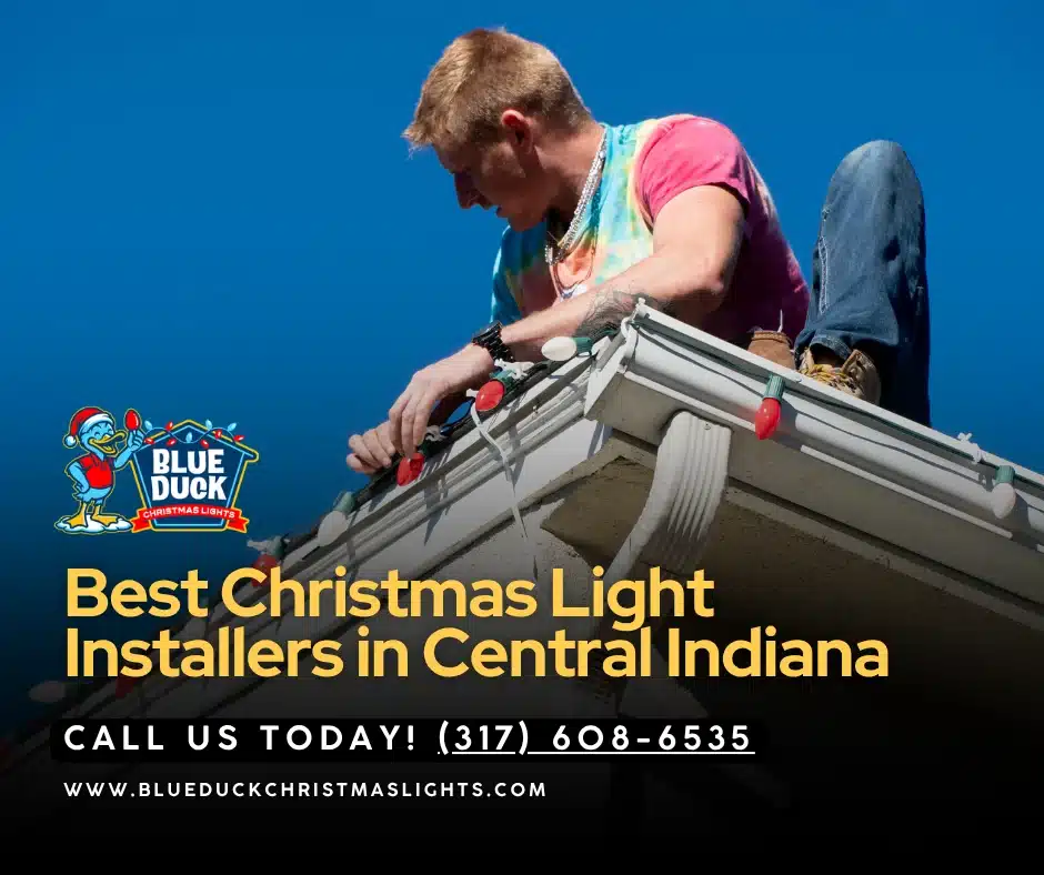 A Blue Duck Christmas Lights technician installs commercial holiday lighting on an Indianapolis business store, proving that Christmas lights increase sales by attracting evening customers and boosting foot traffic.