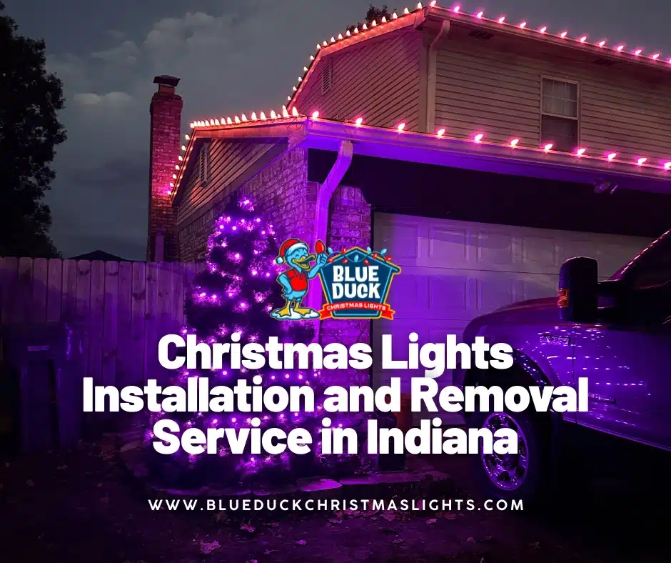 This home in Carmel, Indiana shines with professional Christmas lights installation and removal from Blue Duck Christmas Lights, showcasing commercial-grade exterior lighting, wrapped trees, and festive Christmas wreaths.