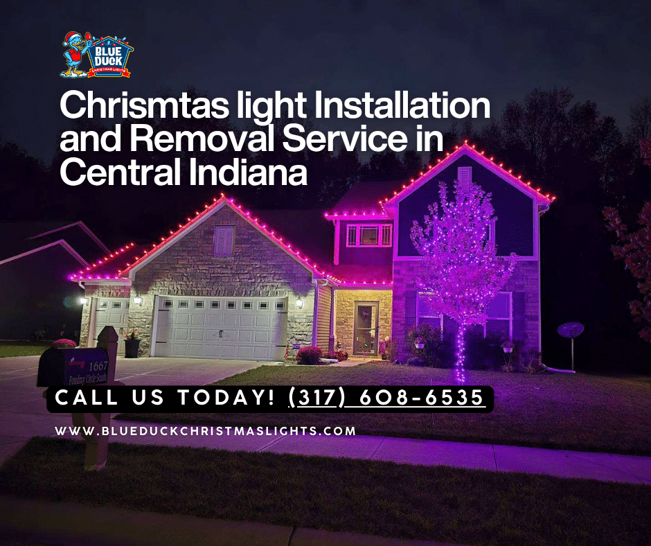 Blue Duck Christmas Lights installed this stunning display on a home in Fishers with roofline illumination, Christmas wreaths, and outdoor lighting, all part of their complete Christmas lights installation and removal service in Central Indiana.