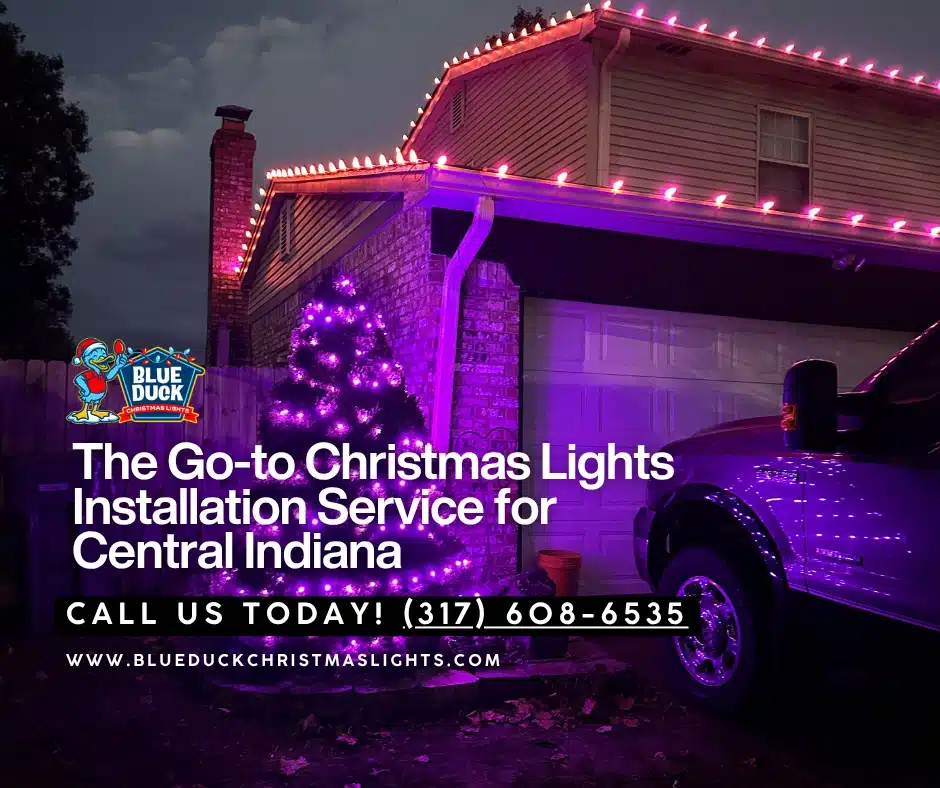 A beautifully lit home in Indianapolis, showcasing professional Christmas lights installation cost value, featuring commercial-grade exterior lighting, tree, and shrub lighting