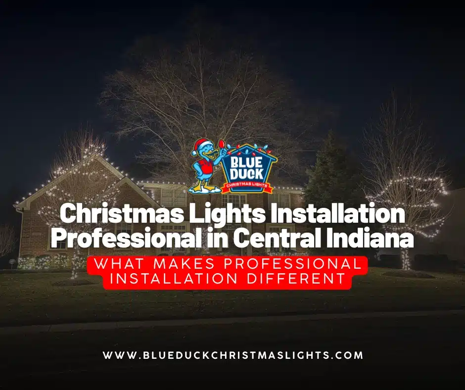 A Christmas lights installation professional from Blue Duck transformed this Central Indiana home with exterior lighting, tree & shrub lighting, and Christmas wreaths.