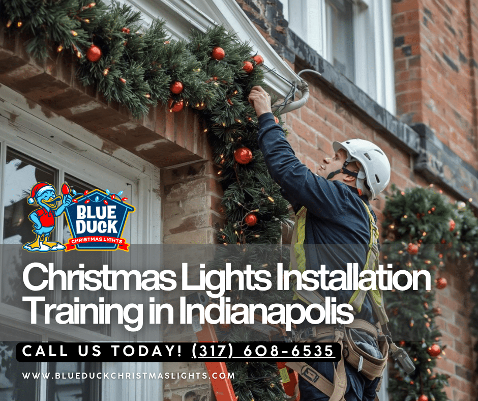 A technician receives hands-on Christmas lights installation training in Indianapolis from Blue Duck, learning proper techniques on a residential roofline during onsite instruction.
